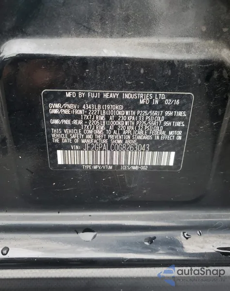 2016 Subaru Crosstrek Limited z USA, uszkodzony, nr VIN JF2GPALC0G8263043